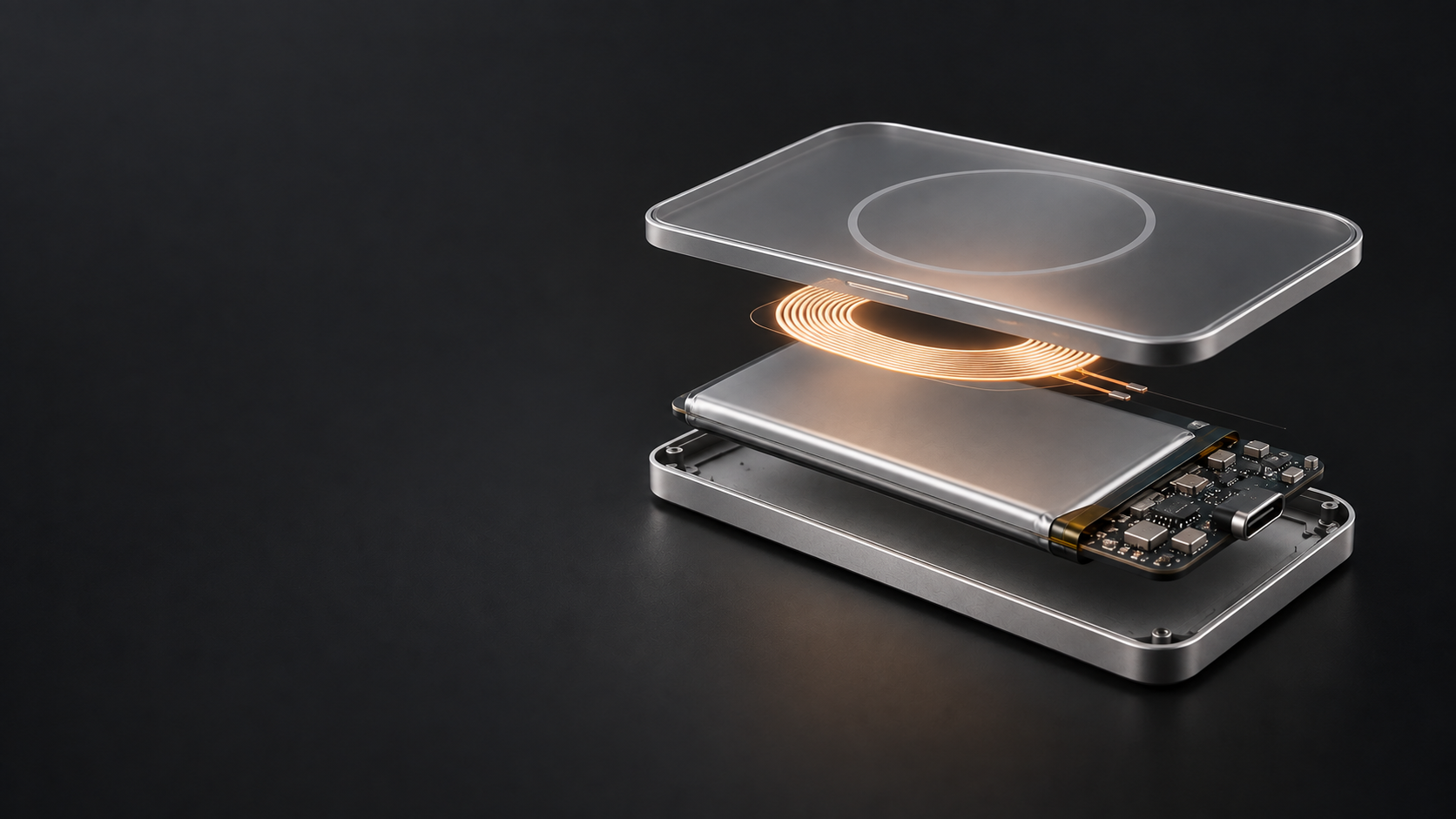 Conceptual exploded aluminium device with a wireless coil, large thin battery and compact circuit board at one end